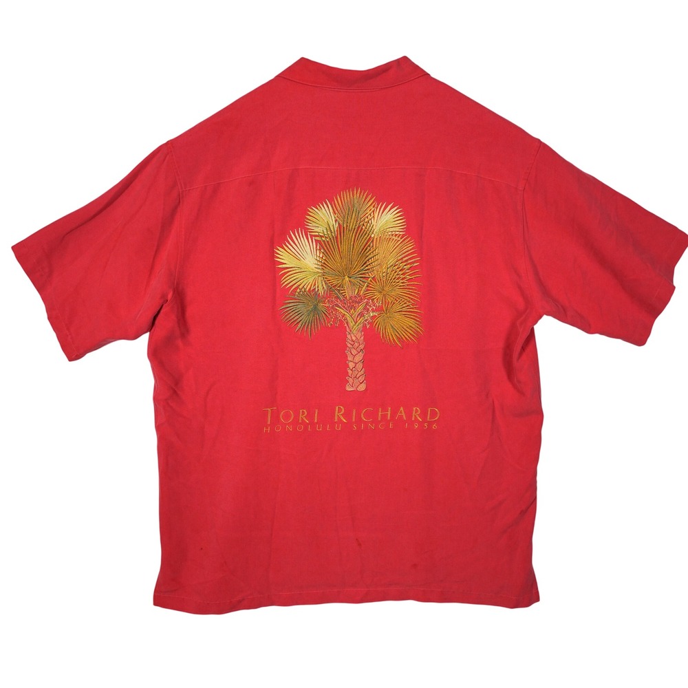Tori Richard Mens Size XL Red‎ Silk Embroidered Palm Tree Honolulu Camp Shirt
